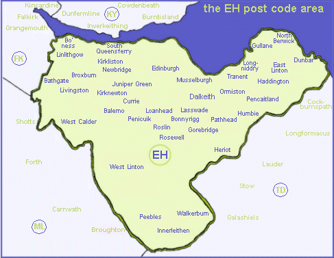 A map showing the EH postcode area.
